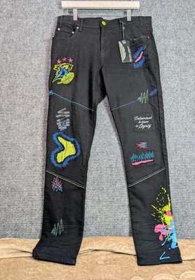 Blac Leaf 牛仔裤男式 Urban 36x32 黑色紧身多彩涂鸦刺绣  — 第 1/4 张图片