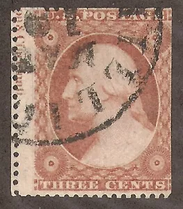 US # 26 (1857) 3c Used - VG - EFO: Printers Name on edge of stamp. Scarce Rare! - Picture 1 of 3