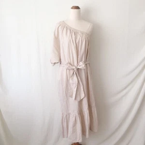 SEED HERITAGE Dress Size 14 White Beige Striped One Shoulder Midi Cotton Tie - Picture 1 of 11
