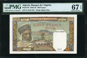 Algeria 1942-1945 100 franchi P88 PMG 67 EPQ superba GEM UNC - Foto 1 di 2