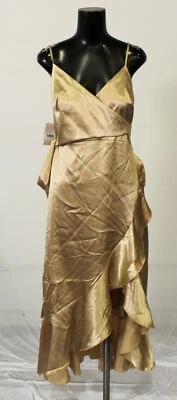 Vestido midi de dama de honor gris pájaro YC satinado cuello en V EJ1 dorado pequeño nuevo con etiquetas Foto 1 de 4