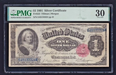US 1891 $1 Martha Silver Certificate FR 223 PMG 30 Ch VF (324) - Image 1 of 2