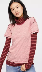 Free People Red Combo Turtleneck Slim Fit T-Shirt Double Long Sleeve Size Small - Picture 1 of 2
