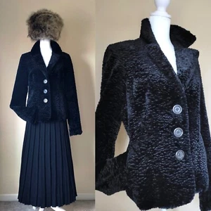 Vintage J.Peterman black thick jacket notched coat faux fur persia lamb Sz 8~S/M - Picture 1 of 15