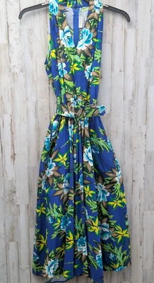 Maxi Vestido Hawaiano Vintage Impressions Halter Talla 10 Tropical Azul Floral Sol Foto 1 de 4