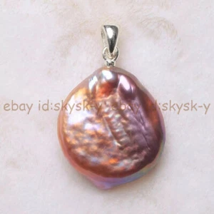 Natural Pearl Pink Purple Freshwater Baroque Coin Pearl Pendant 14k Gold 16-17mm - Picture 1 of 12