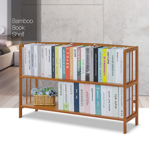 35"Natural Bamboo[ADJUSTABLE SHELVES]2-Tier Tabletop Book Rack Desktop Bookshelf