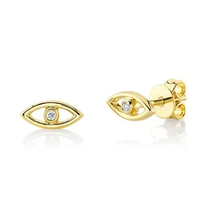 Diamond Evil Eye Stud Earrings 14K Yellow Gold 0.02CT Round Cut Bezel Set - Picture 1 of 2