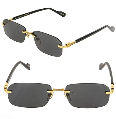 GUCCI WEB Logo 1221 Black Gold 001 Rimless Narrow Unisex Sunglasses GG1221S - Image 1 of 4