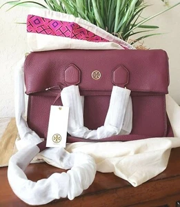 TORY BURCH ROBINSON PEBBLED FOLD-OVER MESSENGER DEEP BERRY LEATHER+DUSTER NWT - Picture 1 of 9