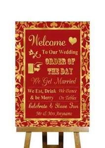 Letrero de boda personalizado orden del día rojo y dorado - Imagen 1 de 8