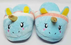 NEW Girls Size Large 4-5 3D Blue UNICORN Soft Furry Cozy Slippers Gold Horn - Picture 1 of 1