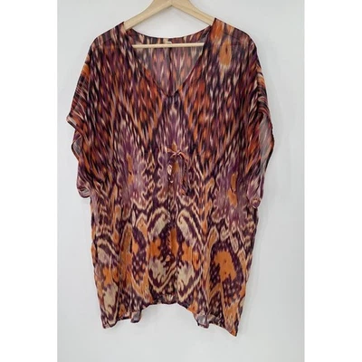 Cabi Sheer Tunic Blouse Orange Purple Ikat Boho Short Sleeve Kimono Chiffon Flaw - Image 1 of 4