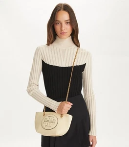 AUTH New TORY BURCH SM ELLA Logo Crinkle Chain Convertible Crossbody-Oats/Gold - Picture 1 of 10