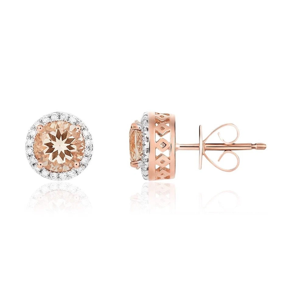 9ct rose gold 6mm Round morganite And Diamond Claw Cluster Earrings. - Image 1 of 1