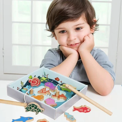 Angelspiel mit zwei Angeln, 14 Fische, Holz-Spielzeug 16 teilig, Kindergeschenke - Bild 1 von 4