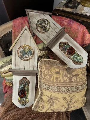 2 XL Placa Colgante Madera Vintage con Pomos de Puerta Ámbar Vidrio Arte Pátina de Metal Foto 1 de 4