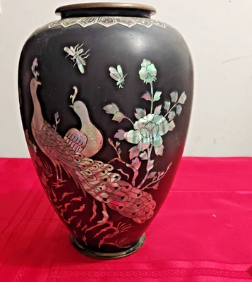 Tarro grande de jengibre negro pavo real y madreperla cloisonné chino vintage Foto 1 de 4