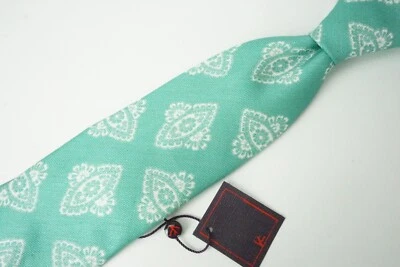 Isaia 7 Fold Mint Green White Paisley Linen Blend Tie Brand New Tie - Image 1 of 4