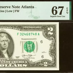 2013 $2 Federal Reserve Note PMG 67EPQ Superb-Gem Atlanta Fr 1940-F - Picture 1 of 3
