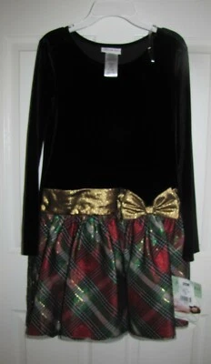 Nuevo con etiquetas Vestido Bonnie Jean Niña Navidad Vacaciones Negro Terciopelo Falda a Cuadros Talla 16 Foto 1 de 4