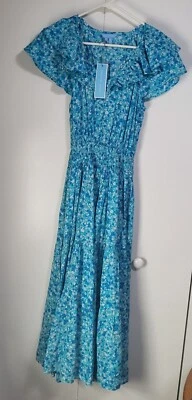 Draper James женщин маленький трепетать рукав макси платье синий Aster цветочный новый с Ярлыками - Изображение 1 из 4