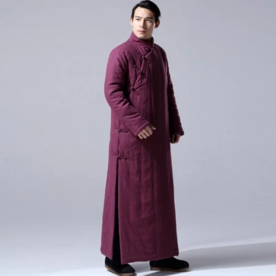 Abrigo largo de algodón grueso estilo chino para hombre invierno solapa botón cálido bata informal Foto 1 de 4