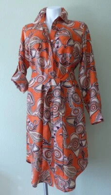 NUEVO CON ETIQUETAS MAGASCHONI Vestido Camisa Manga Larga Estampado Zentangle 100% Lino Pestaña Enrollable M Foto 1 de 4