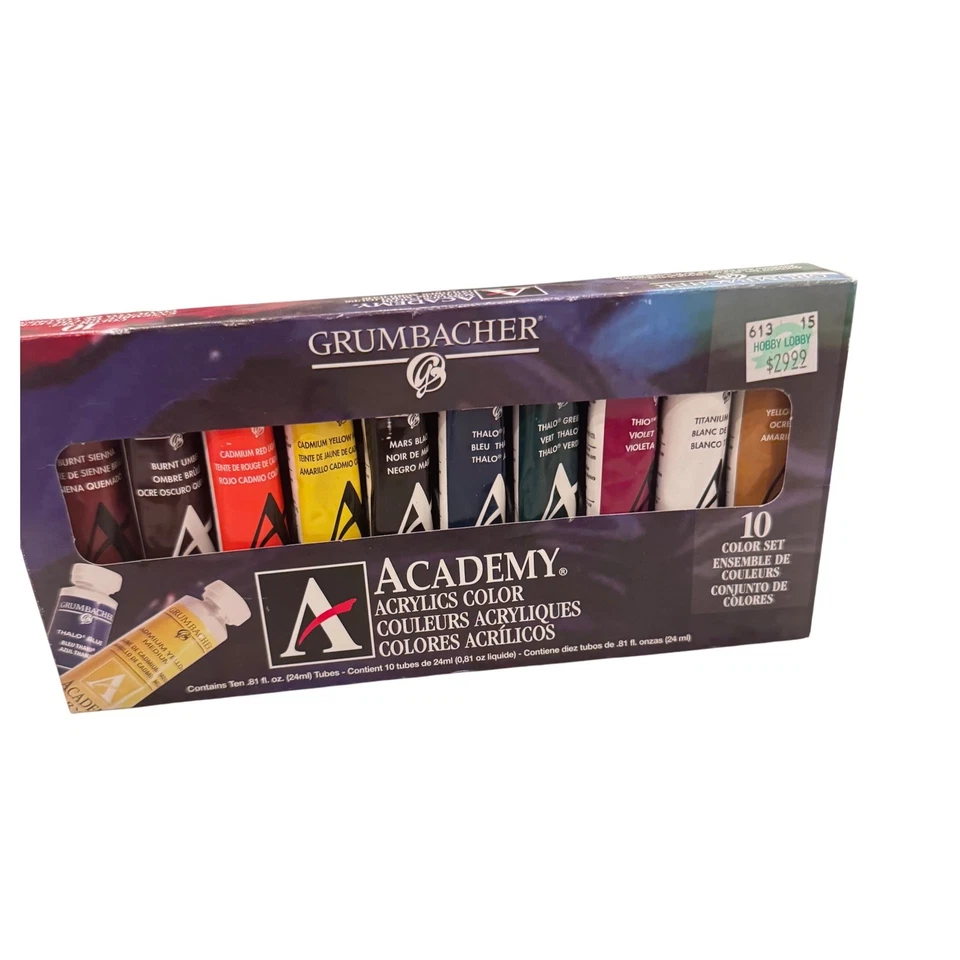 Grumbacher Academy Acrylic Paint Set 10 Color Set  Color Couleurs NOS 2012 - Image 1 of 4