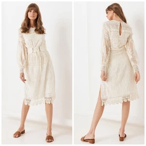 Spell & the Gypsy Cream Dawn adjustable tie-Lace belt Longsleeved Midi Dress XL - Picture 1 of 8