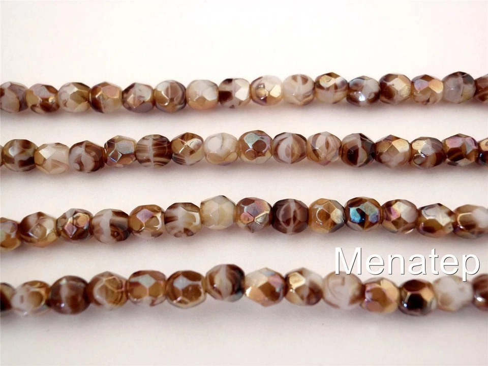 50 4mm Czech Glass Firepolish Beads: Opaque White/Tortoise - Celsian - Image 1 of 1