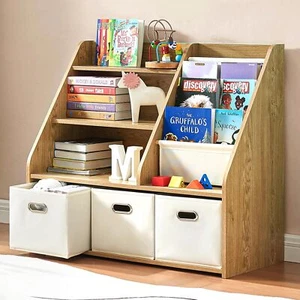 3-in-1 Kids Wooden Bookshelf Kids Storage Organizer Book Rack w/Storage Bins - Picture 1 of 7