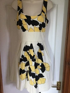 WAREHOUSE Cotton Dress UK 12 Ivory Black & Yellow Print Fully Lined VGC - Picture 1 of 8