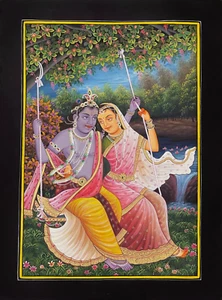 Radha Krishna Swinging in Love große Miniatur Deko Malerei auf Papier - Bild 1 von 3