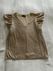 Lovely Mint Velvet Gold Sequin Short Frill Sleeve Top Size M 10-12 Party Sparkly - Picture 1 of 12