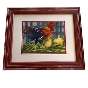 Pintura acuarela original firmada gallo pollitos arte enmarcado mate 23x26 - Imagen 1 de 10