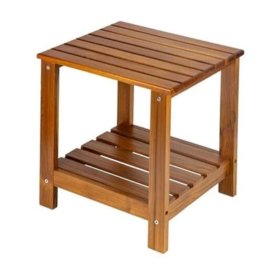  Mesa auxiliar de teca exterior, mesa auxiliar de patio doble capa, café de madera de 2 niveles Foto 1 de 4