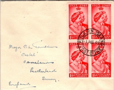 1949 British Pitcairn Island Royal Wedding Stamps Cover to Surrey England - Image 1 of 2
