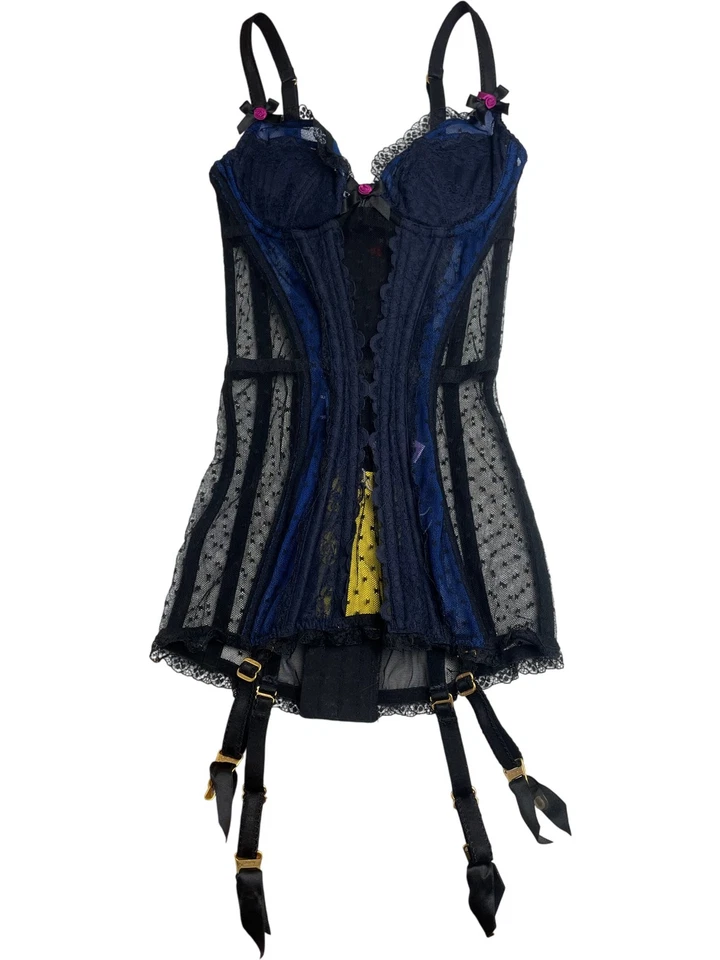 Corsé de encaje negro azul Agent Provocateur detalles florales a lunares - talla 32C Foto 1 de 4