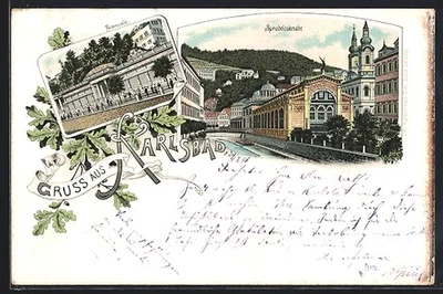Lithographie Karlsbad, Blick auf Felsenquelle und Sprudelcolonade 1898  - Bild 1 von 2