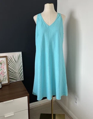 Eileen Fisher Organic Linen Sleeveless Tank Dress Turquoise V-Neck Sz M - Image 1 of 4