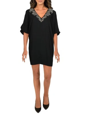 AIDAN MATTOX Womens Black Keyhole-back Elbow Sleeve Mini Evening Sheath Dress 2 - Image 1 of 3