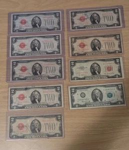 US Nine $2 Bills, 1928D, 1928F, 1928G, 1953, 1976, Red And Green Seal  - Picture 1 of 2