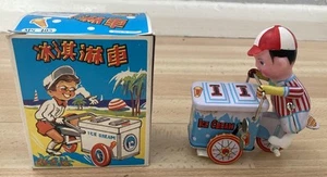 Vintage Clockwork Ice Cream Vendor Boy Windup Tinplate Toy MS 405 Peddle Bike - Picture 1 of 10