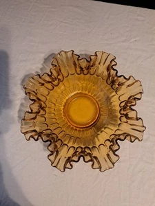 Gorgeous Vintage Fenton Amber Glass 12" Thumb Print Ruffled Bowl - Picture 1 of 4