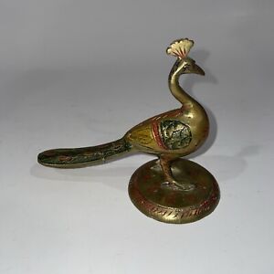 Vintage 4” X 5” Brass Peacock Bird w/Red Incised Details Long Tail Signed India