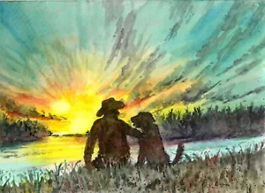 Vaquero y perro al atardecer, estampado artístico al atardecer, estampado de arte occidental, estampado artístico de vaquero - Imagen 1 de 1