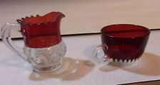 Antique Ruby Red Small Glass Pitcher & Punch Bowl Cup Vintage Lot