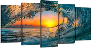 Large 5 Piece Sea Waves Wall Art Modern Framed Giclee Canvas Prints Seascape Art - Picture 1 of 7