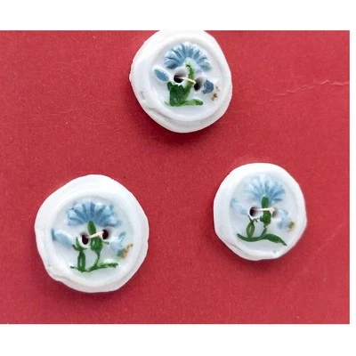 Vintage Blue and Green Flower on White Round Handmade Ceramic Flat Buttons Set - Image 1 of 4